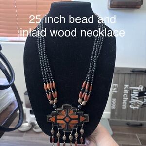 Beaded Inlaid Wood Necklace - Black and Brown